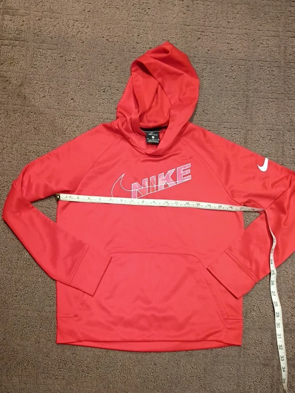Nike Kids Medium Coral-Red Pullover Hoodie with White Swoosh